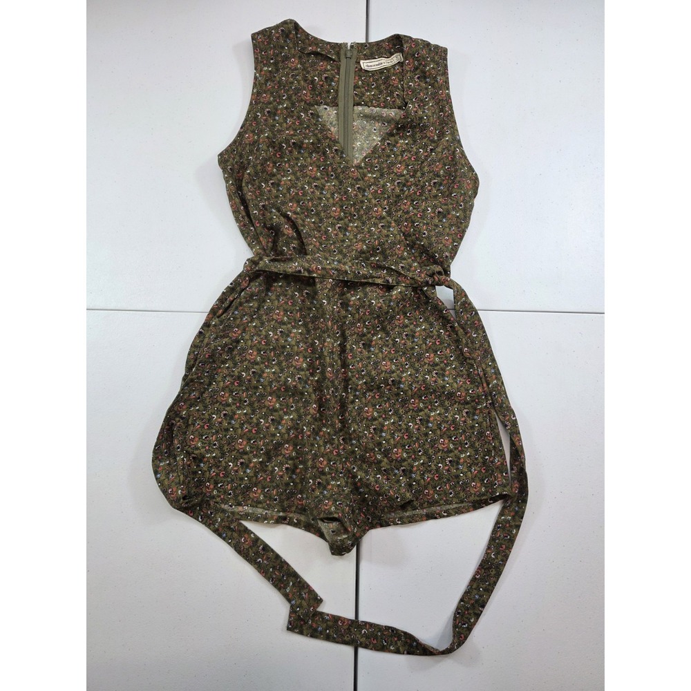 Abercrombie & Fitch Womens Romper Size XS Floral Olive V-Neck Belted Zip Up